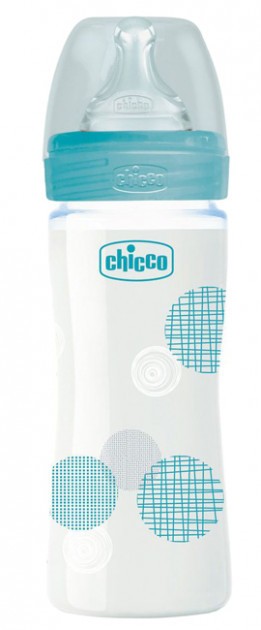 Бутылочка для кормления стеклянная Chicco Well-being Physio Colors с силиконовой соской 0м+ 240 мл Голубая (28721.20)