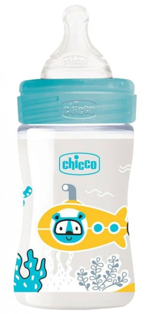 Бутылочка для кормления пластиковая Chicco Well-being Physio Colors с силиконовой соской 0м+ 150 мл Голубая (28611.20)