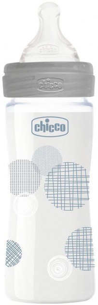 Бутылочка для кормления стеклянная Chicco Well-being Physio Colors с силиконовой соской 0м+ 240 мл Серая (28721.30)