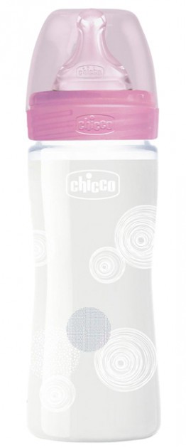 Бутылочка для кормления стеклянная Chicco Well-being Physio Colors с силиконовой соской 0м+ 240 мл Розовая (28721.10)
