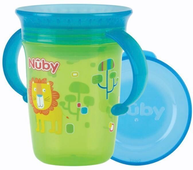 Чашечка 360 непроливайка Nuby с ручками и крышкой зелёная 240 мл (NV0414001grn)