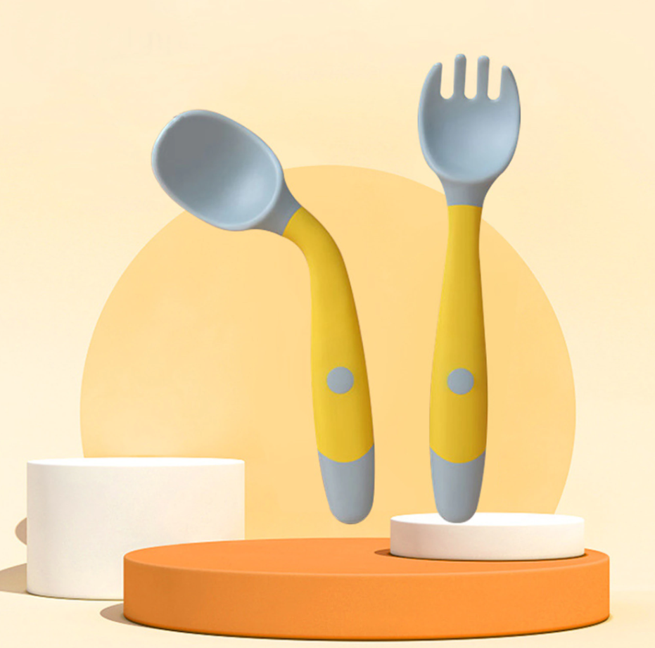 Набор силиконовой детской посуды (ложка + вилка) сгибаемые Yellow , Belove