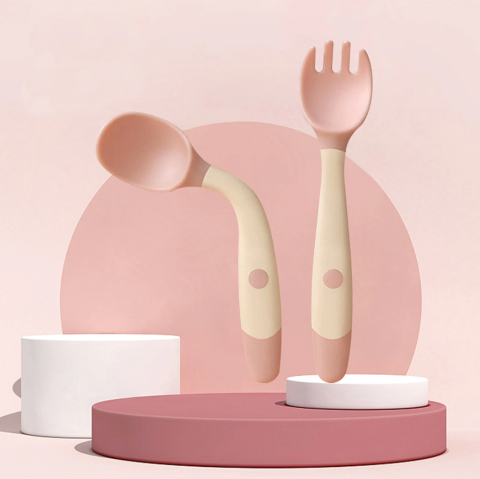 Набор силиконовой детской посуды (ложка + вилка) сгибаемые Dark Pink , Belove