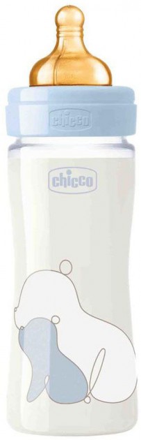 Бутылочка для кормления стеклянная Chicco Original Touch с латексной соской 0м+ 240 мл Голубая (27720.20)
