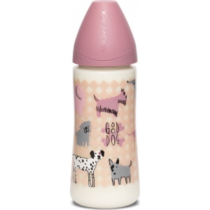 Бутылочка для кормления Suavinex Истории щенков круглая соска, быстрый поток Розовая 360 мл (304828)
