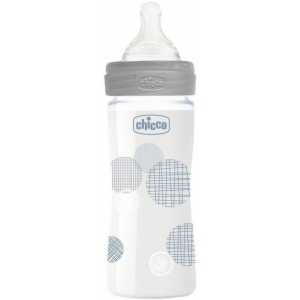 Бутылочка для кормления стеклянная Chicco Well-being Physio Colors с силиконовой соской 0м+ 240 мл Серая (28721.30)